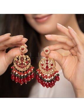 Pakistani Indian Desi Gold-tone kundn Chandbali Earrings with Red and Teal Beads